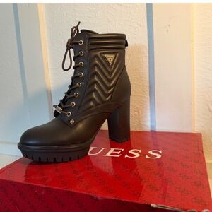 Guess Black Faux Leather Lug Sole Block Heel Ankle Boots Booties Side Zip